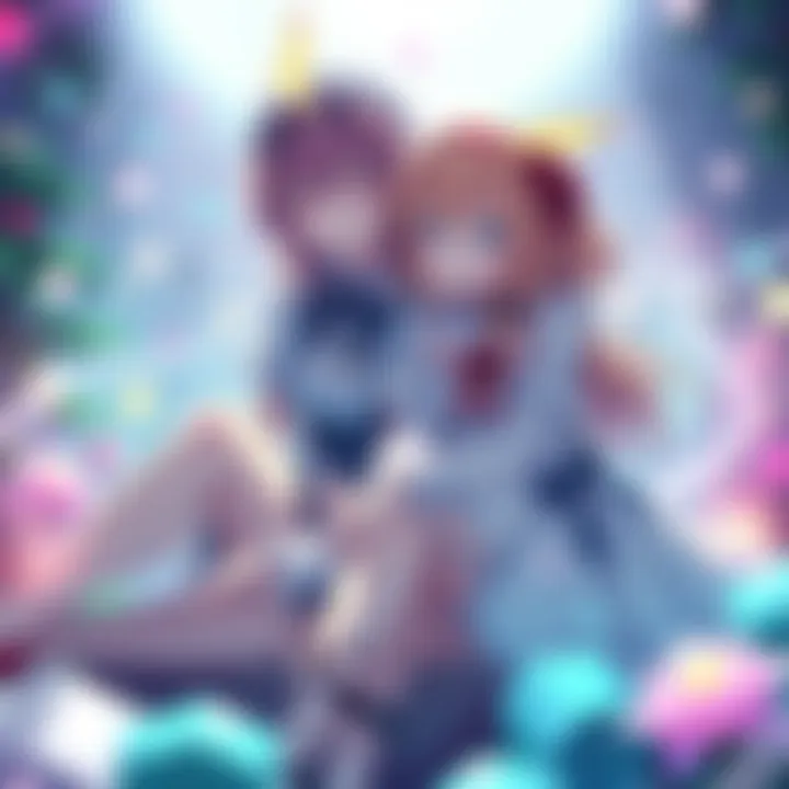 Alice and Yukari sitting together in a colorful fantasy setting, with magical elements around them