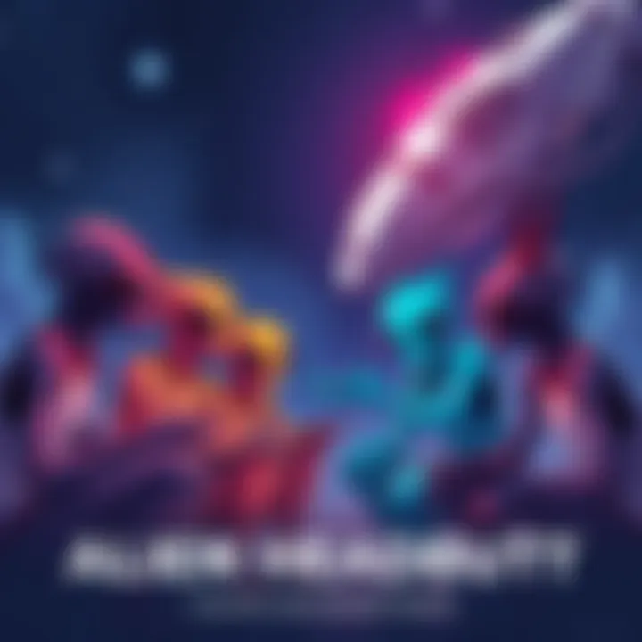 A group of colorful alien characters gathered together, engaged in a lively discussion under a starry sky, with a spaceship in the background.