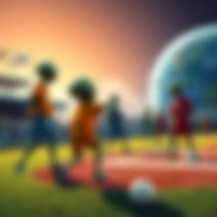 A group of aliens in colorful uniforms playing baseball on a field with Earth and alien spectators in the background.