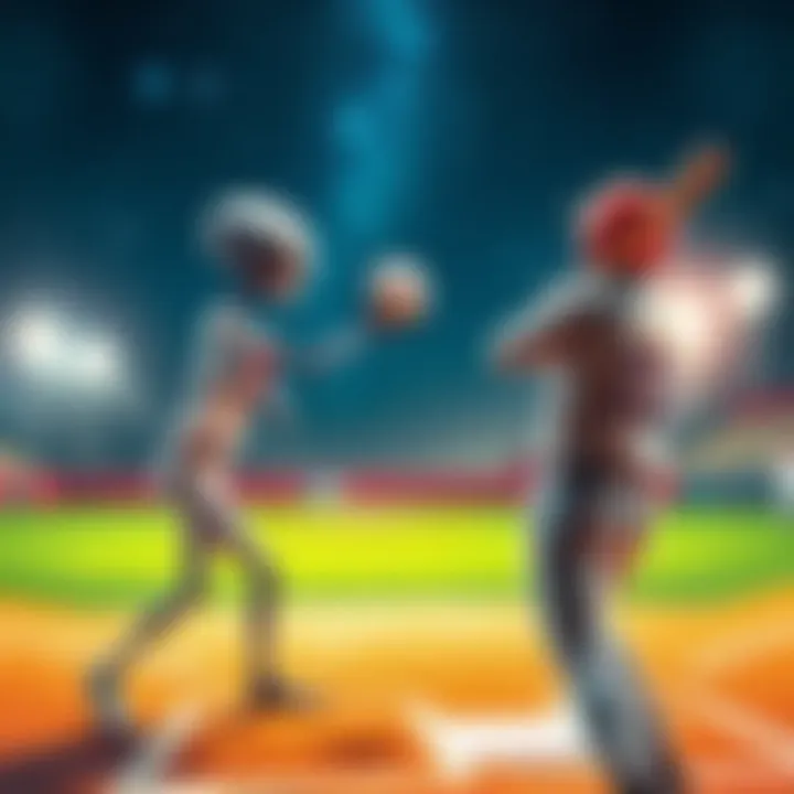 An alien in a baseball uniform pitches a ball to a human batter on a colorful baseball field under a starry sky.