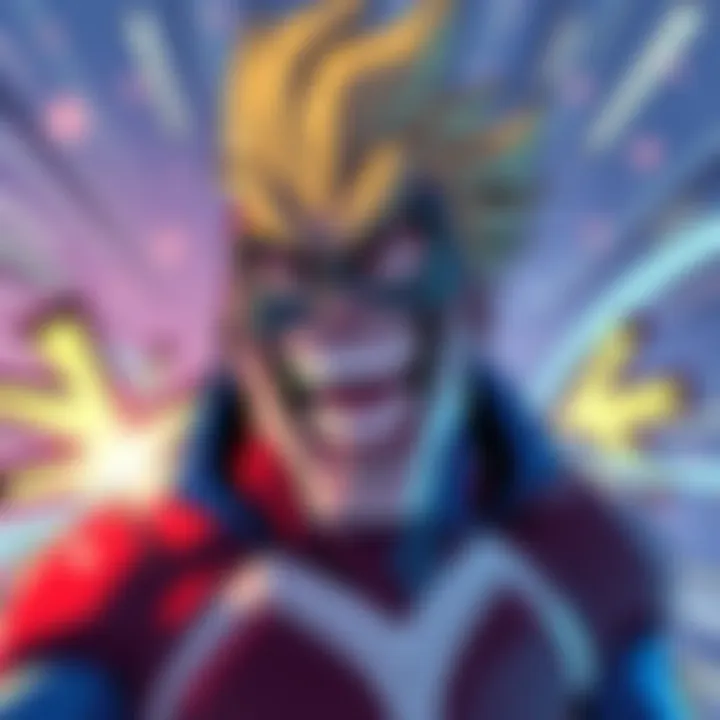 All Might with a big smile, showing his humorous side in a funny pose, surrounded by colorful comic effects