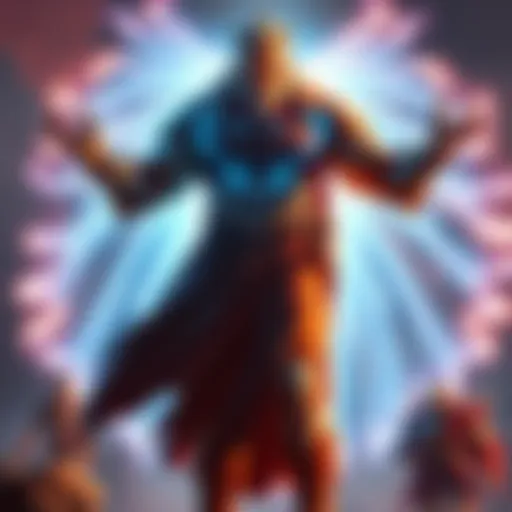 A strong character stands confidently with a glowing aura, symbolizing ultimate strength and wisdom.