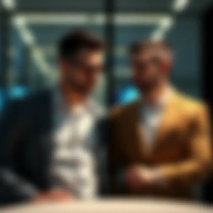 Two men representing alpha and beta male characteristics, one assertive and confident while the other is more reserved and supportive, showcasing different social roles and behaviors in a modern setting.