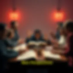 A group of people discussing different story endings around a table with open books and notes, showing diverse opinions and excitement.