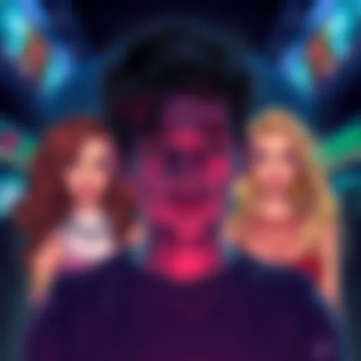 A person contemplating different girlfriends from various alternate realities, each representing unique personality traits.