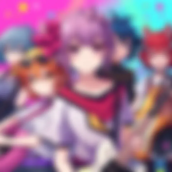 A group of quirky anime characters with colorful hairstyles, dressed in unique outfits, playing rock music and celebrating queer culture.