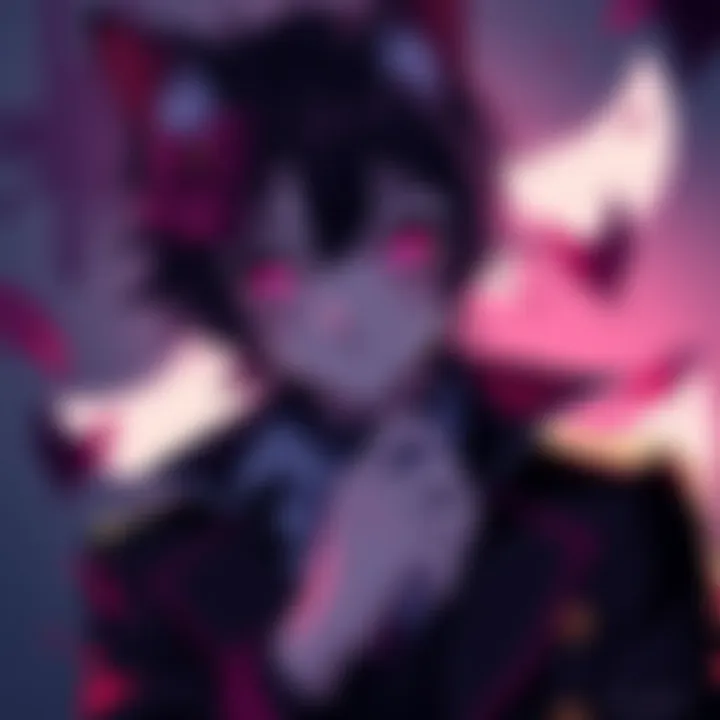 Alucard, in a playful catboy form, showcasing pink eyes and feline features, surrounded by shadows.