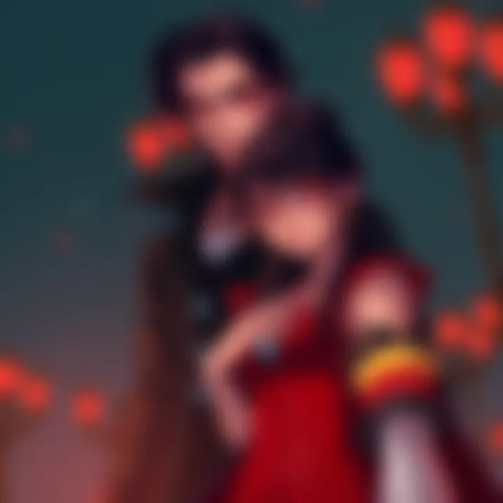 A depiction of Alucard, a tall figure with dark hair and red eyes, standing beside a character representing his ideal romantic partner, who has a kind expression and warm colors in their attire.