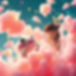 Amai nervously interacting with a playful creature resembling a gecko, causing colorful cotton candy to swirl around them like a tornado.