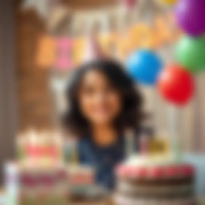 AmaLee smiling at her birthday party with cake and balloons in the background