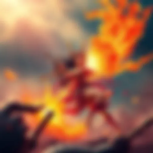 A fiery figure representing Amaterasu launching a surprise counter-attack in a battle scene