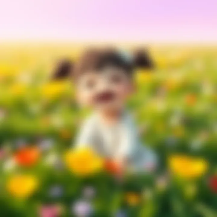Ame with a big smile sitting on a sunny grass field, surrounded by colorful flowers.