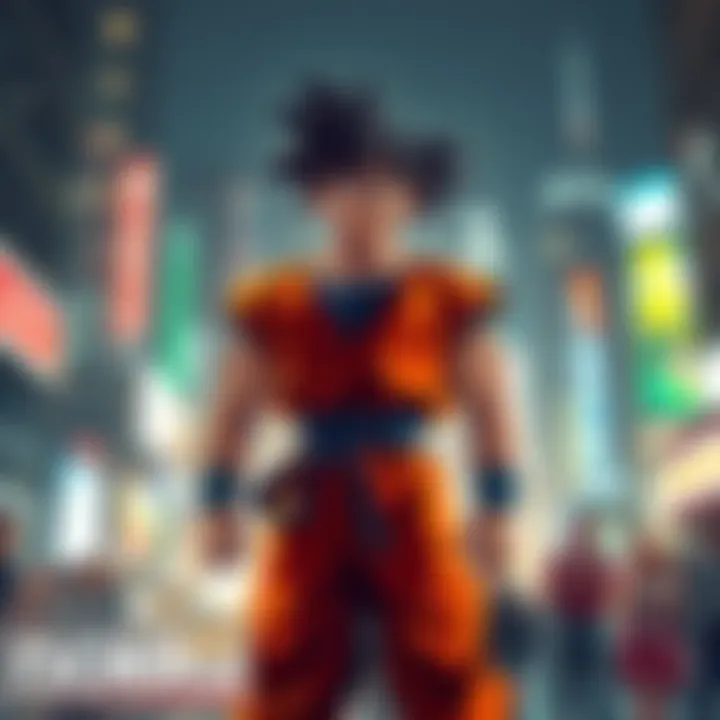 American Goku stands in a bustling city, surrounded by amazed people. He is smiling and showing his strength, creating a mix of excitement and curiosity among onlookers.