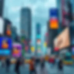 American Tech Companies in 2026 A bustling city skyline with digital billboards showcasing tech innovations, people using devices in the foreground, and a vibrant atmosphere reflecting advancements in technology.