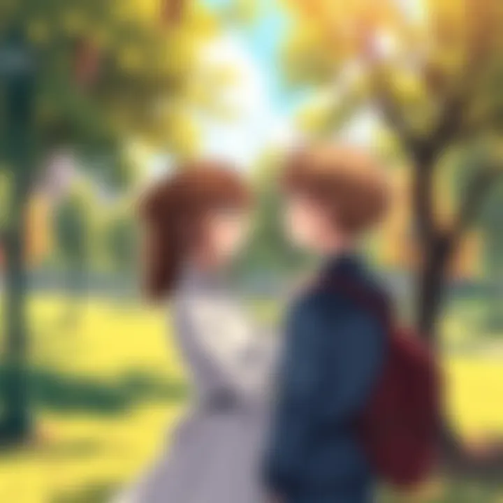 Amo and Rudo in a park Amo and Rudo sharing a moment in a sunny park, showing their emotional connection as they look at each other with affection.