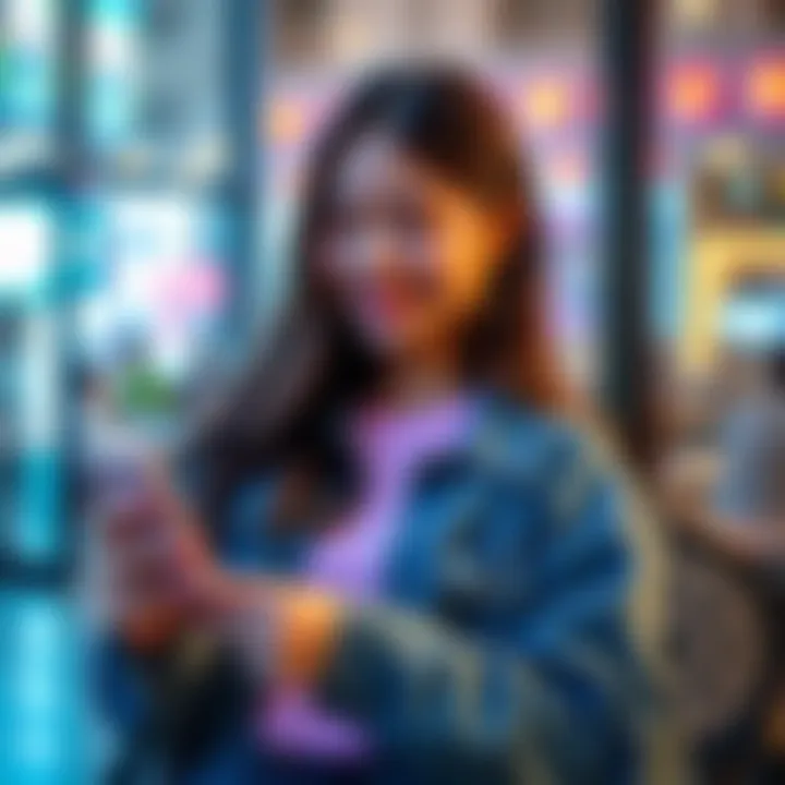 Amo smiling while using her phone, showcasing her vibrant personality and social media presence.