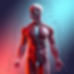 Illustration showing a detailed anatomy panel with labeled muscles and arteries, highlighting anatomical features.