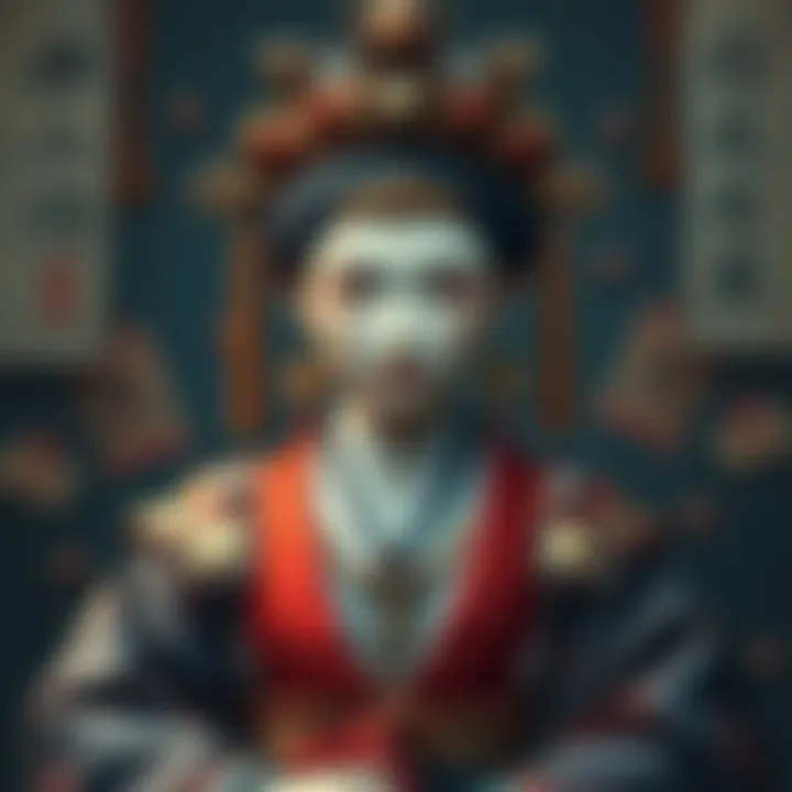 A depiction of Queen Himiko, an ancient Japanese ruler, surrounded by symbols of her reign and cultural artifacts.