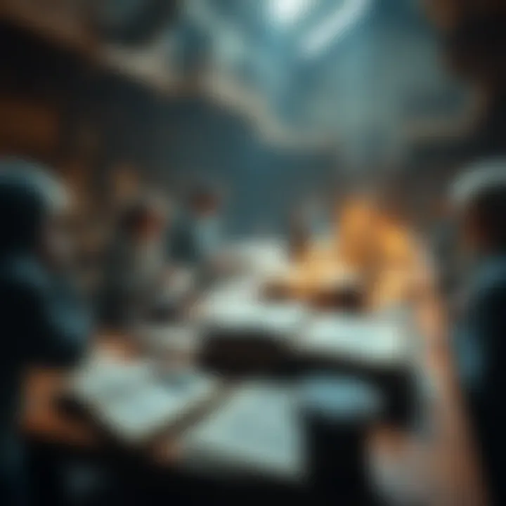 A display of ancient texts and artifacts on a wooden table surrounded by people examining them