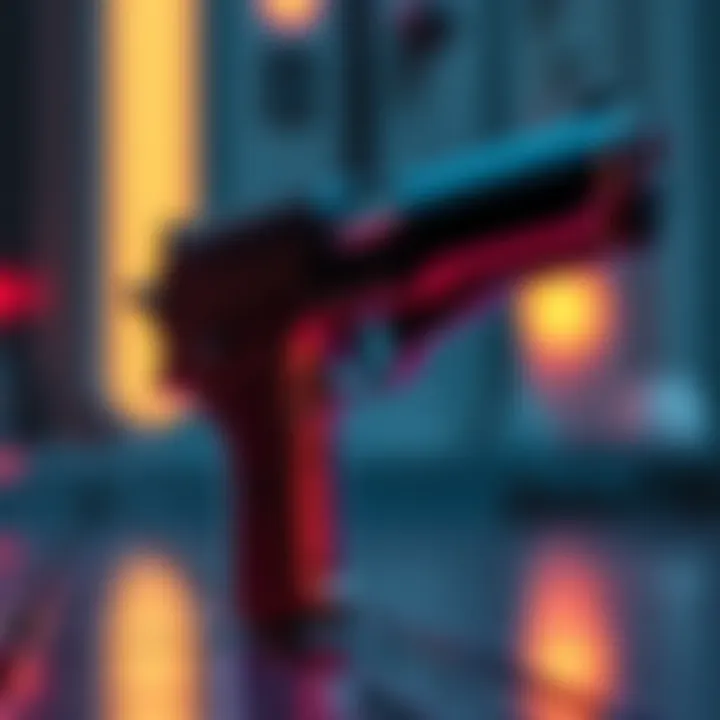 Close-up of the Andor MW-20 Bryar Pistol, showcasing its sleek design and futuristic details.