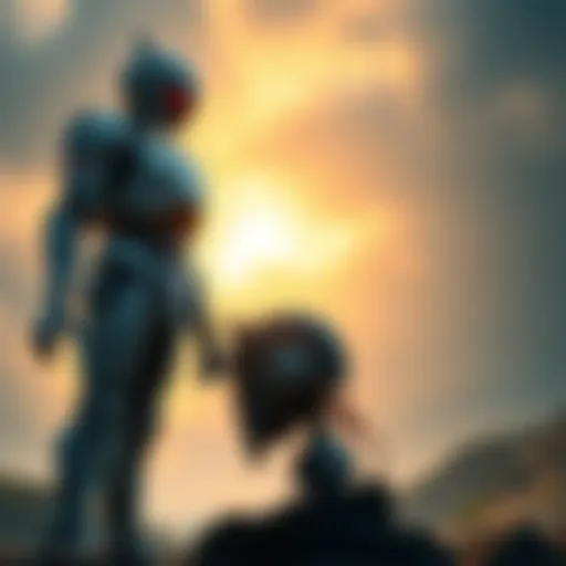 An android standing tall with its mechanical features highlighted, while another android appears less powerful nearby, showcasing the strength differences within the universe.