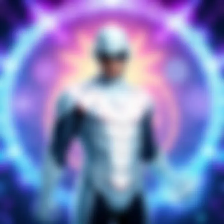Andy wearing a glowing white lantern suit, representing hope and life, surrounded by symbols of the Ultra Violet core