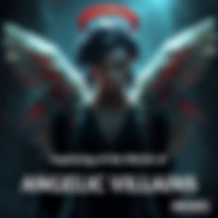 A character with angelic features but dark elements, showcasing a blend of good and bad qualities, standing in a shadowy setting.