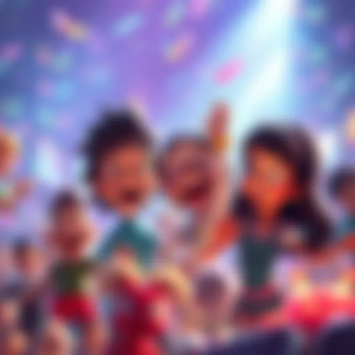A colorful gif showing animated characters from popular shows sharing joyful moments
