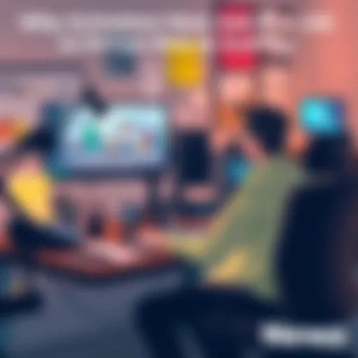 An animator sits at a desk, focused on a computer screen with animated characters in motion. The workspace is filled with sketches and digital tools.