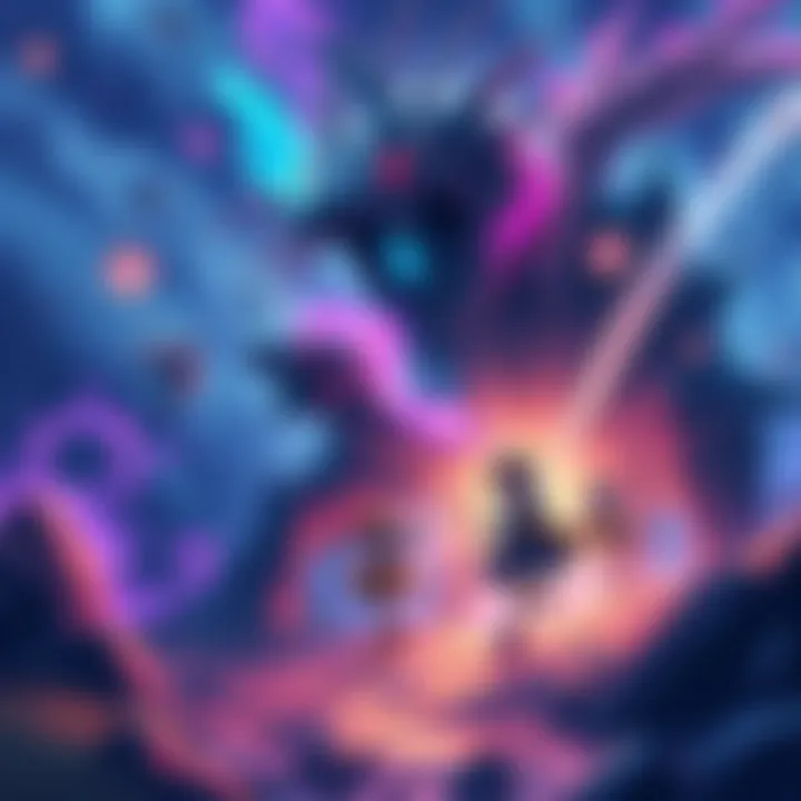 A group of anime characters exploring a vibrant fantasy world filled with magic and creatures.