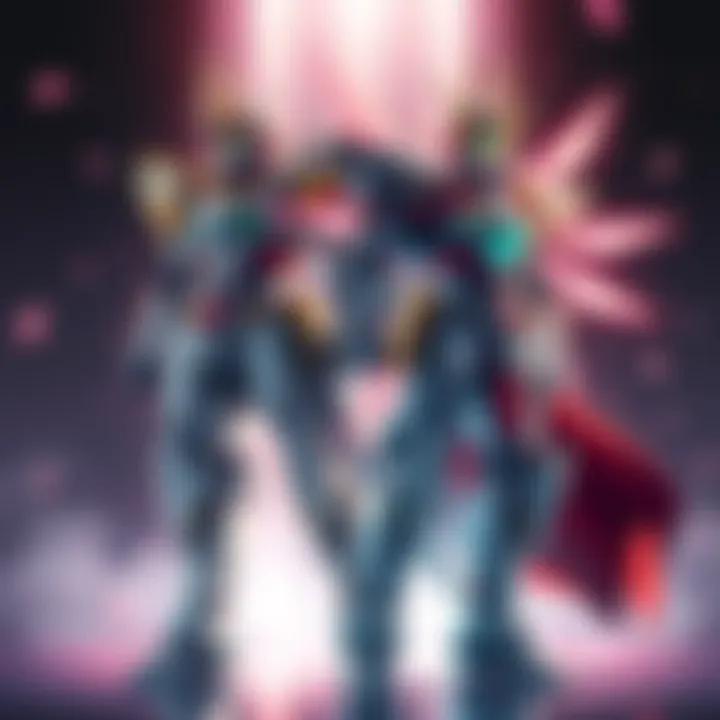 Two anime characters displaying contrasting armor designs, one in traditional manga style and the other in a unique V1 style, both standing in a dynamic pose