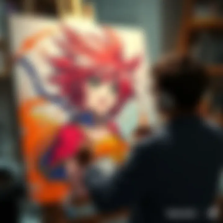 Anime Character Art An artist painting a vibrant anime character on a large canvas, showcasing bright colors and dynamic poses.