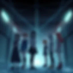 A group of anime characters standing together in a dark, atmospheric environment, reflecting deep emotions and complex relationships.