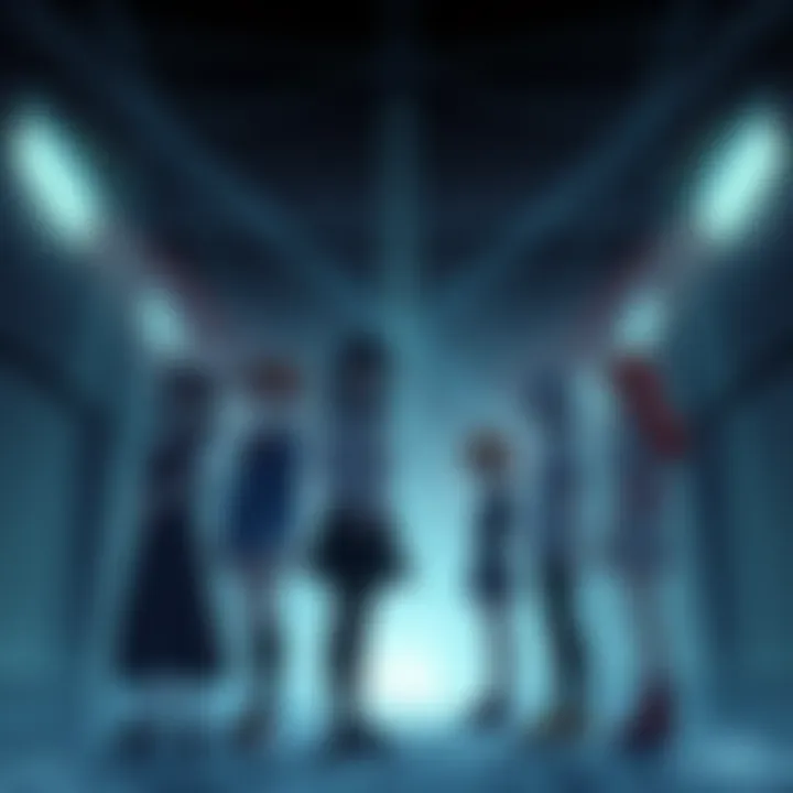 Anime Characters in a Somber Setting A group of anime characters standing together in a dark, atmospheric environment, reflecting deep emotions and complex relationships.