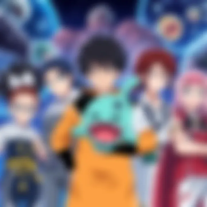 A group of diverse anime characters including a strong hero, a cute slime, and a determined protagonist, set against a vibrant backdrop of their worlds.