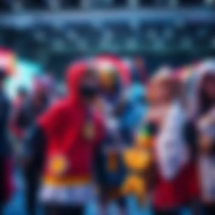 A group of anime fans dressed as their favorite characters, showcasing elaborate costumes and poses at a cosplay event.