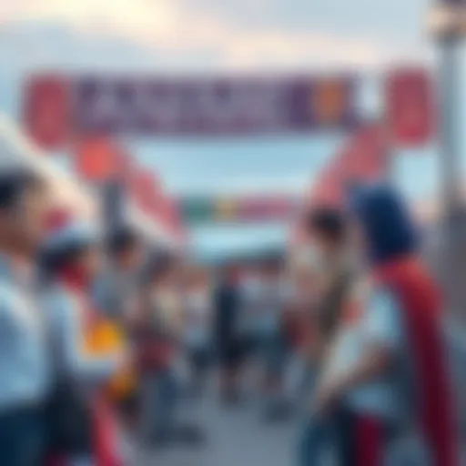 A group of diverse fans enjoying anime at an outdoor event, showcasing various cosplay costumes and merchandise.