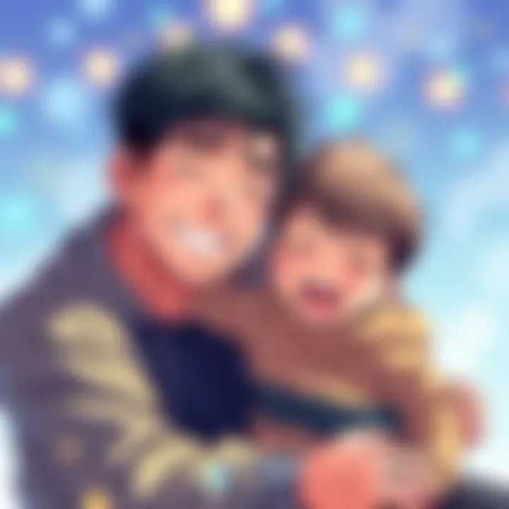 A caring anime father smiling while playing with his young son, symbolizing strong father-son bond, set in a vibrant anime style.