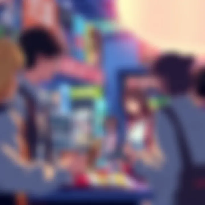 A vibrant scene of anime fans chatting over their favorite shows with merchandise and recommendations in front of them.