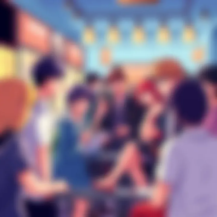 A colorful illustration of people discussing various anime shows and sharing recommendations in a lively online forum setting.