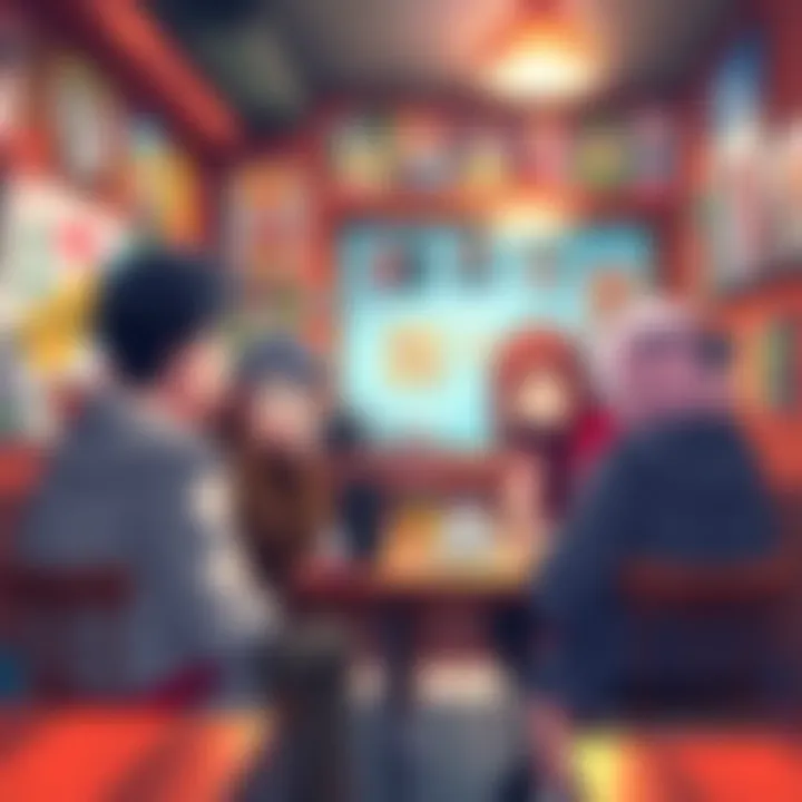 Anime Discussion A group of anime fans discussing their favorite series at a cozy cafe, with colorful posters on the walls and animated expressions as they share recommendations.