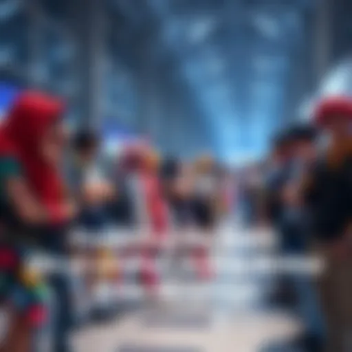 A diverse group of anime fans dressed in colorful costumes at a convention, celebrating their love for anime.