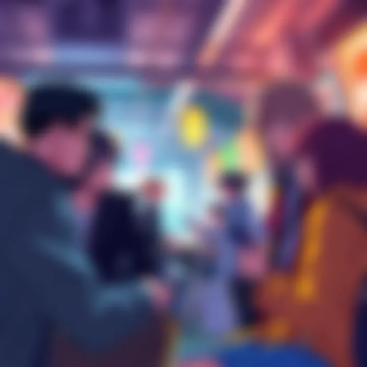 A group of anime fans discussing their favorite shows in a lively setting, showcasing community interaction