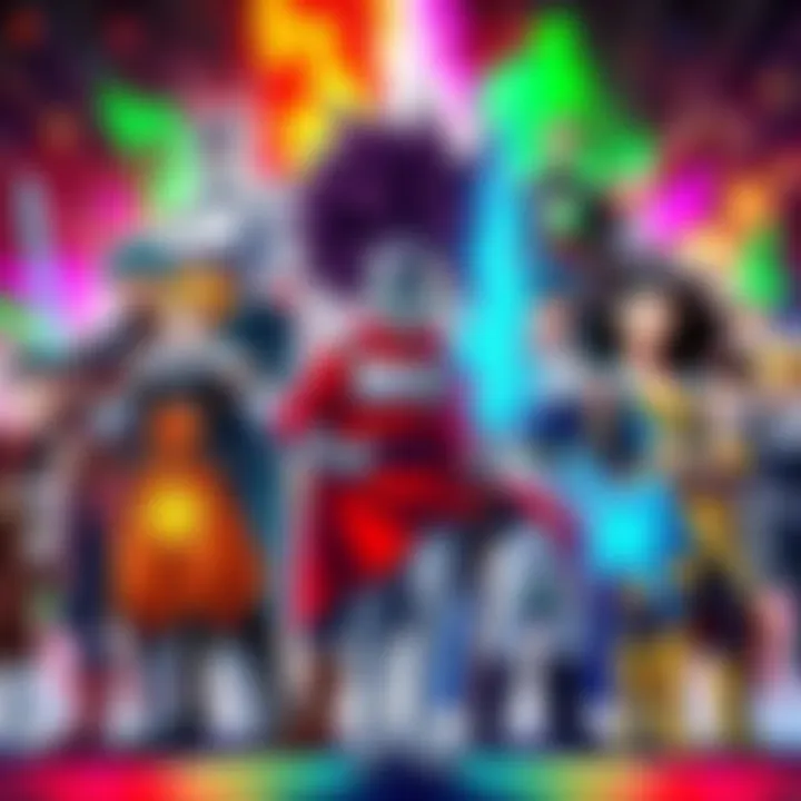 A collage of diverse anime heroes standing together, each representing different series with their unique styles and powers, set against a vibrant background.