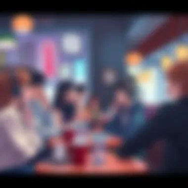 Anime's Influence on Daily Life A group of fans discussing their favorite anime in a lively cafรฉ, showcasing the cultural impact of anime on social interactions in 2026.