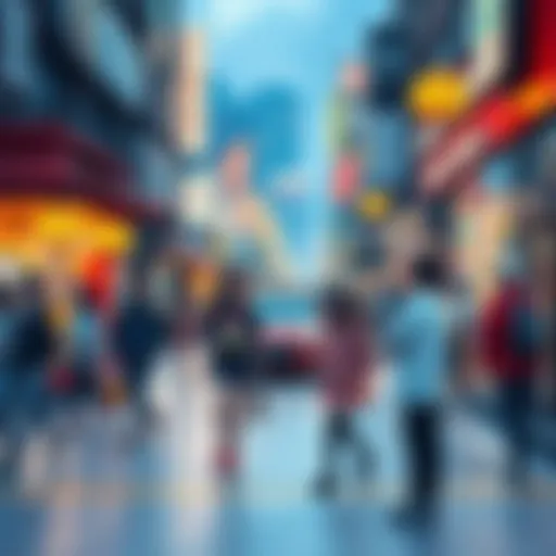 A colorful street scene showing people in anime-inspired outfits, blending fashion and everyday life in a modern urban setting.