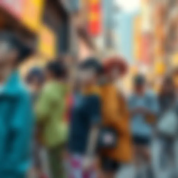A group of people wearing colorful anime-style clothing and accessories in a bustling city setting, showcasing the fusion of anime and everyday life.