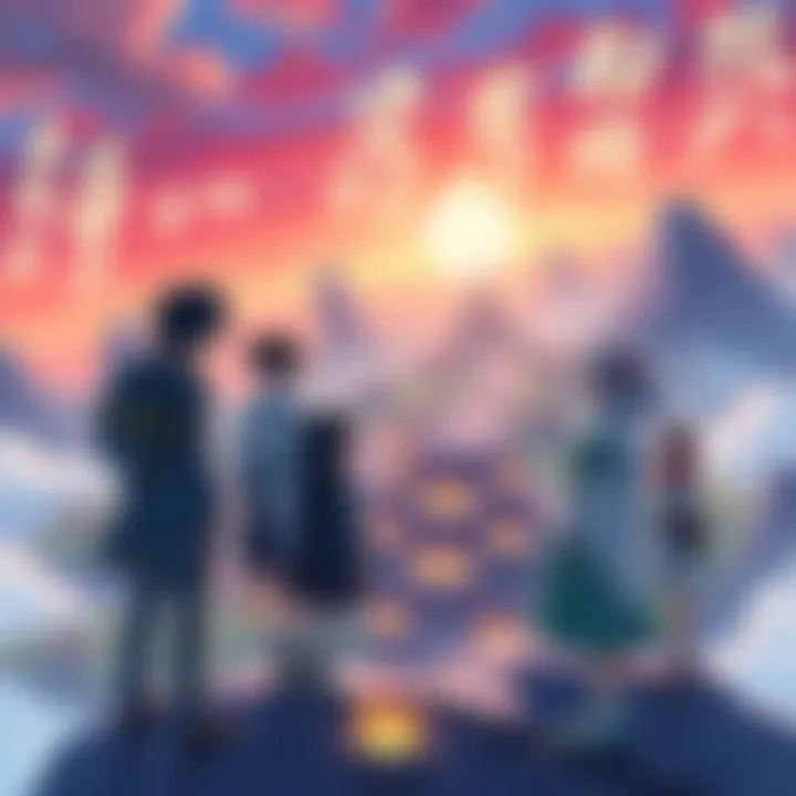 Anime Characters Building a Nation A group of anime characters strategizing and planning the construction of a new nation, showcasing a vibrant landscape and creative designs of buildings.