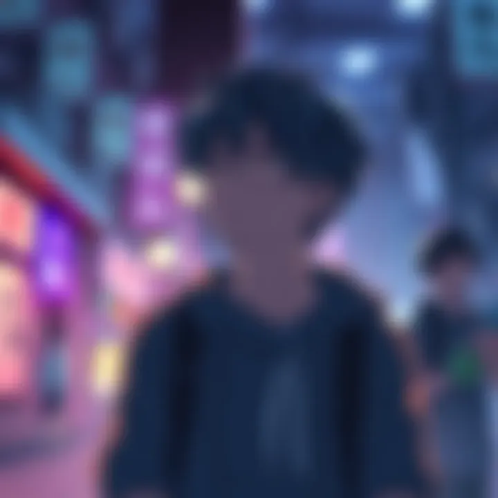 A person reflecting on how anime influences their daily life decisions, with anime characters in the background, showing the blend of fiction and reality.