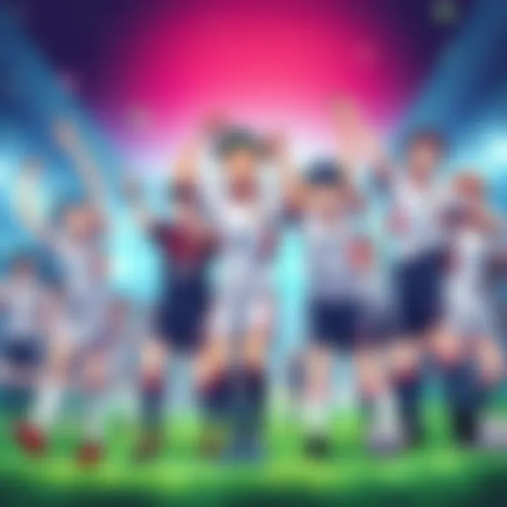 A group of anime characters playing soccer, showing excitement and teamwork on the field.